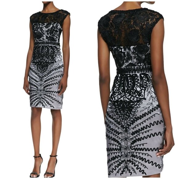 Sue Wong Sz 4 Lace Soutache Embroidered Satin Sheath Dress Formal Black - Picture 1 of 9